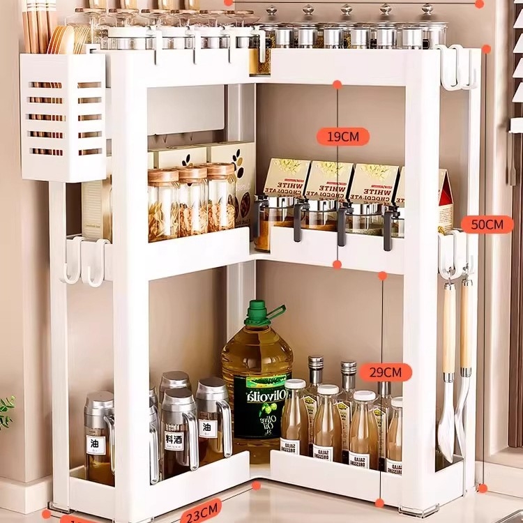 Konyhai sarokfűszeres polc - 90 fokos kialakítás, többfunkciós, szénacél, a pulton, modell HJ-NP