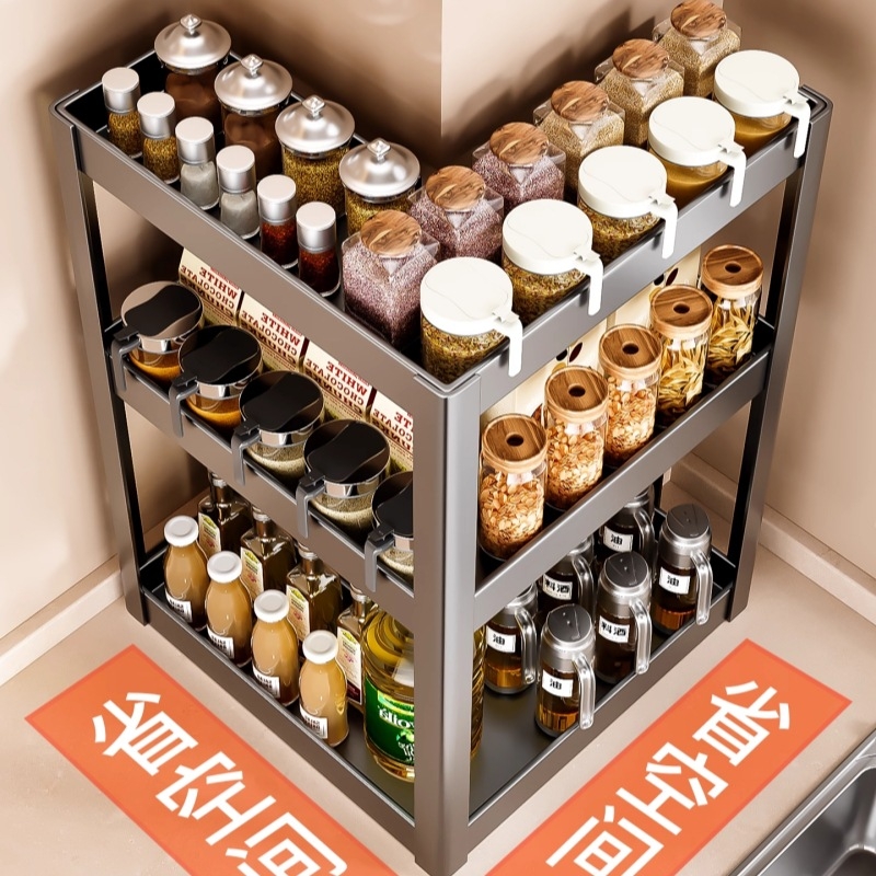 Konyhai sarokfűszeres polc - 90 fokos kialakítás, többfunkciós, szénacél, a pulton, modell HJ-NP