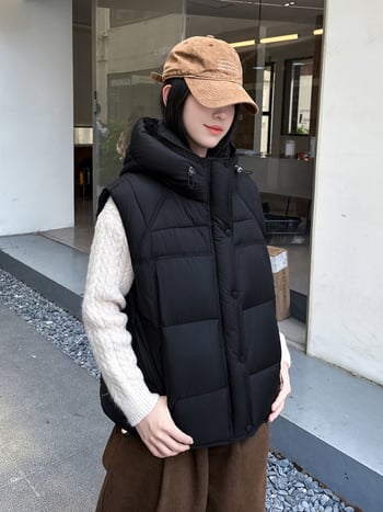 Vesta damă Harajuku călduroasă, fără mâneci, guler înalt, fermoar, lungime 50–65 cm, poliester solid cu umplutură din down cotton, iarna 2025
