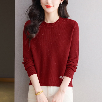 Γυναικείο πλεκτό τοπ με στρογγυλή λαιμόκοψη, διαμαντωμένο πλέξιμο, μείγμα πολυεστέρα-βισκόζης, κοντή γραμμή, μακριά μανίκια