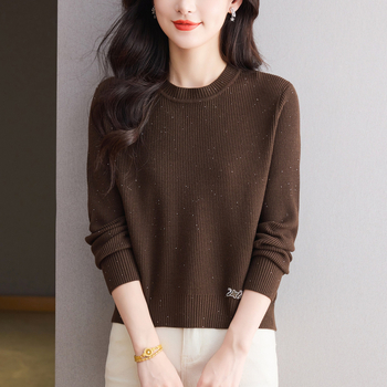 Γυναικείο πλεκτό τοπ με στρογγυλή λαιμόκοψη, διαμαντωμένο πλέξιμο, μείγμα πολυεστέρα-βισκόζης, κοντή γραμμή, μακριά μανίκια