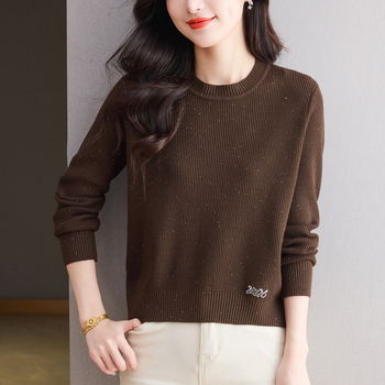 Γυναικείο πλεκτό τοπ με στρογγυλή λαιμόκοψη, διαμαντωμένο πλέξιμο, μείγμα πολυεστέρα-βισκόζης, κοντή γραμμή, μακριά μανίκια