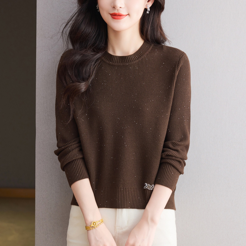 Γυναικείο πλεκτό τοπ με στρογγυλή λαιμόκοψη, διαμαντωμένο πλέξιμο, μείγμα πολυεστέρα-βισκόζης, κοντή γραμμή, μακριά μανίκια