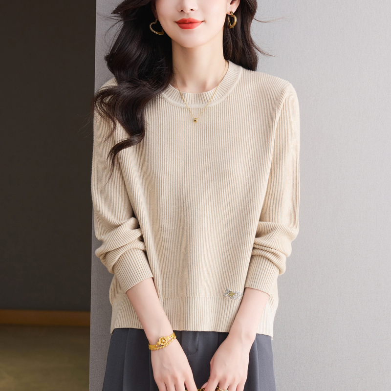 Γυναικείο πλεκτό τοπ με στρογγυλή λαιμόκοψη, διαμαντωμένο πλέξιμο, μείγμα πολυεστέρα-βισκόζης, κοντή γραμμή, μακριά μανίκια