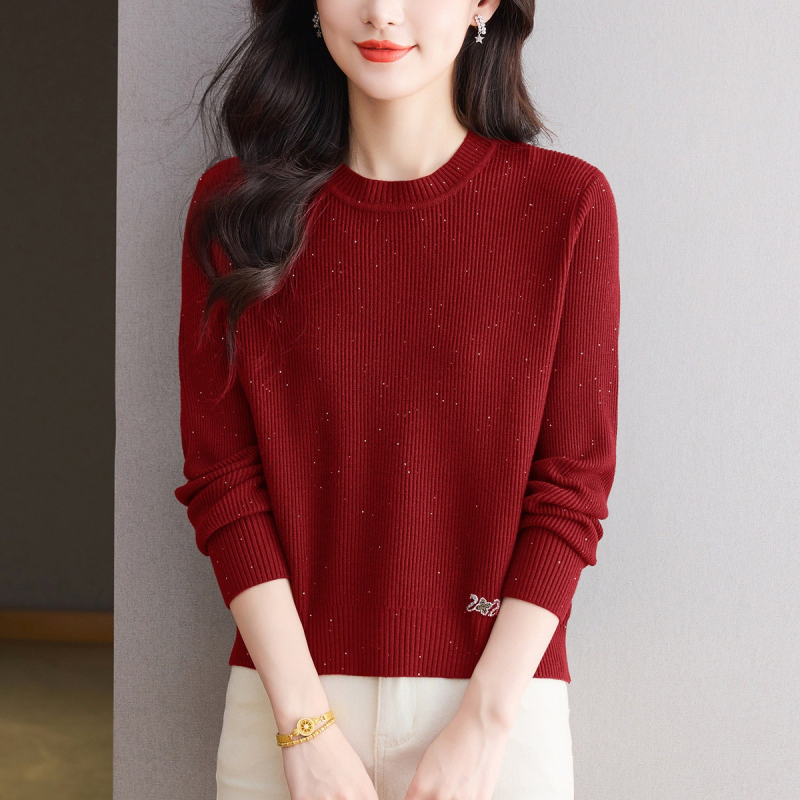 Γυναικείο πλεκτό τοπ με στρογγυλή λαιμόκοψη, διαμαντωμένο πλέξιμο, μείγμα πολυεστέρα-βισκόζης, κοντή γραμμή, μακριά μανίκια