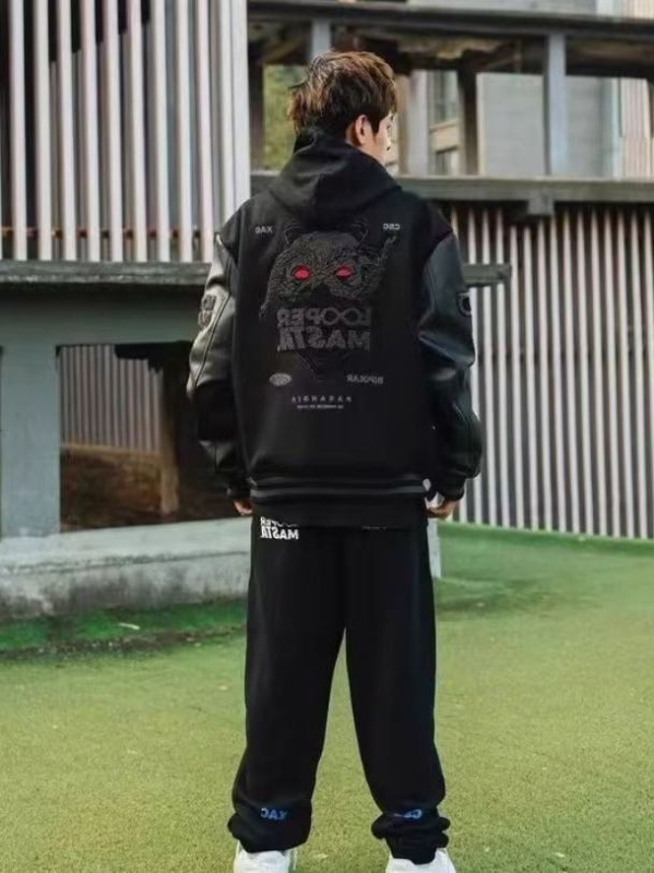 Jesensko-zimska presšivena baseball jakna, unisex, slobodan kroj, stojeći ovratnik, jednostruko kopčanje, izvezeni detalji