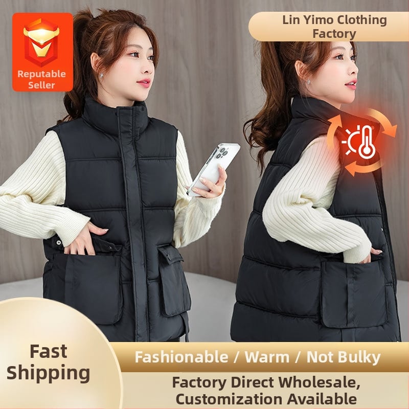 Vesta feminină cu umplutură din puf-pamuc – guler înalt, croială lejeră, model dungat/caro, țesătură poliester-viscoză, izolație groasă