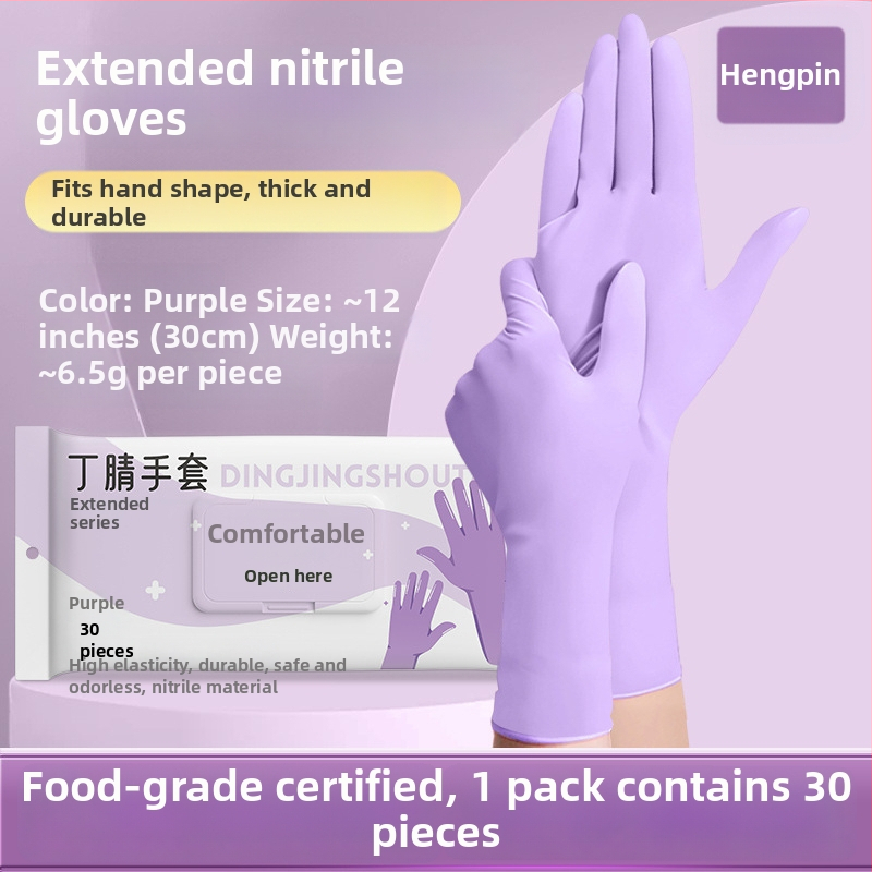 Nitrilové rukavice pre domáce práce a umývanie riadu; nepremokavé, odolné, jednorazové, potravinárskej kvality, s predĺženou manžetou