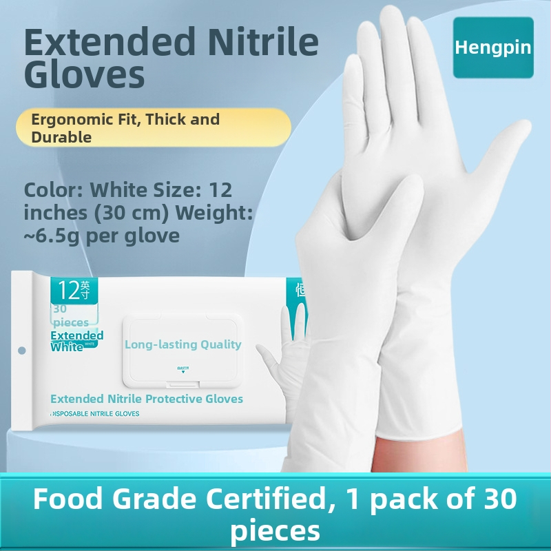 Nitrilové rukavice pre domáce práce a umývanie riadu; nepremokavé, odolné, jednorazové, potravinárskej kvality, s predĺženou manžetou