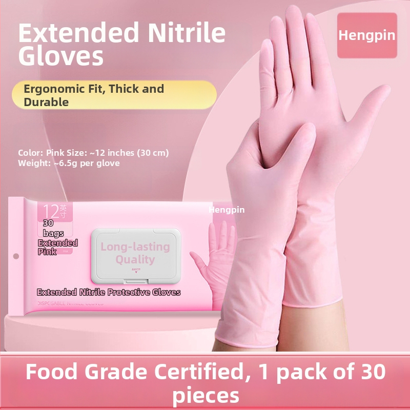 Nitrilové rukavice pre domáce práce a umývanie riadu; nepremokavé, odolné, jednorazové, potravinárskej kvality, s predĺženou manžetou