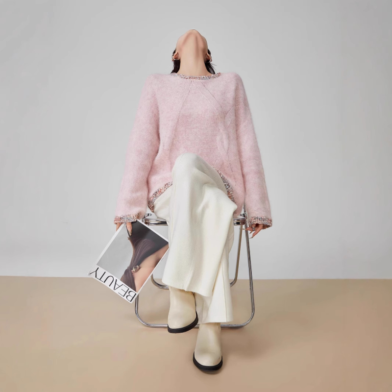 Mohair pleteni džemper - labav kroj, okrugli ovratnik, jednofarbni uzorak, japansko-korejski ležerni stil