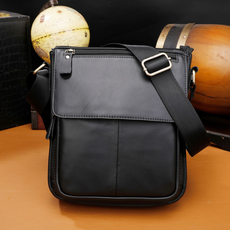 Muška crossbody torba od prave kože, prva sloja teleće kože, unutarnja tkanina poliester, jednofaredni dizajn, kompatibilna s 8-inčnim laptopom