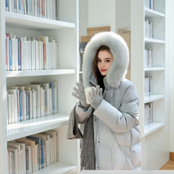 Geacă de damă cu glugă, lungă, umplutură cu puf de rață 81–85%, poliester