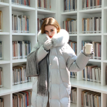 Geacă de damă cu glugă, lungă, umplutură cu puf de rață 81–85%, poliester