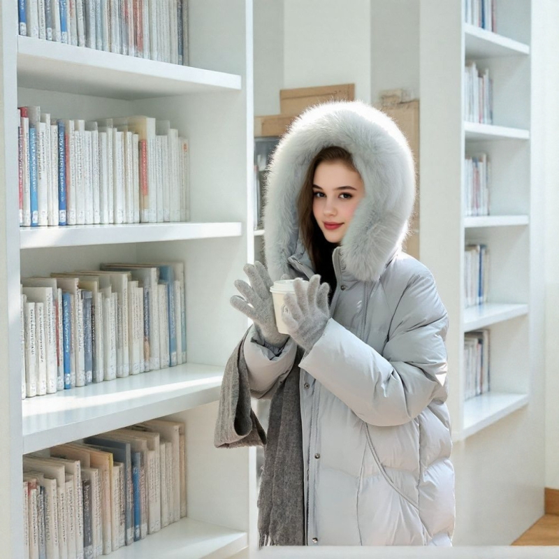 Geacă de damă cu glugă, lungă, umplutură cu puf de rață 81–85%, poliester