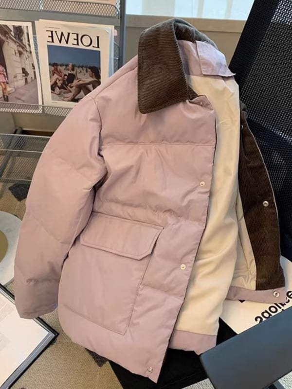 Ženska kratka puffer jakna od pamuka s corduroy patchworkom, inspirirano Chanel stilom, jesen-zima 2025