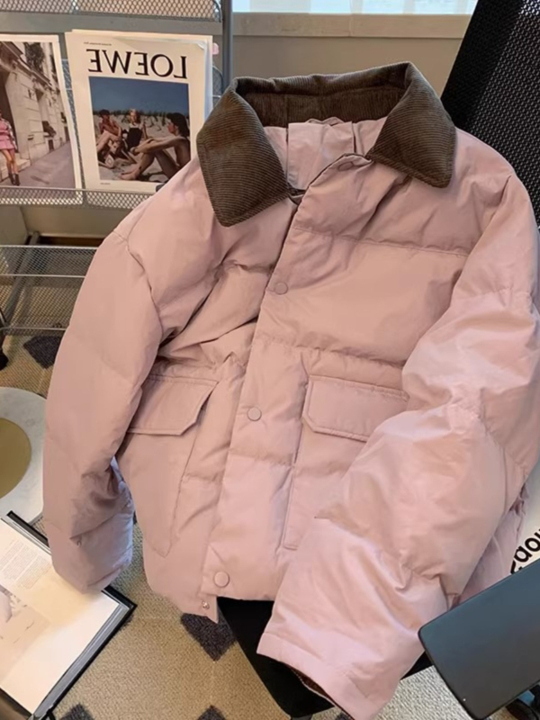Ženska kratka puffer jakna od pamuka s corduroy patchworkom, inspirirano Chanel stilom, jesen-zima 2025