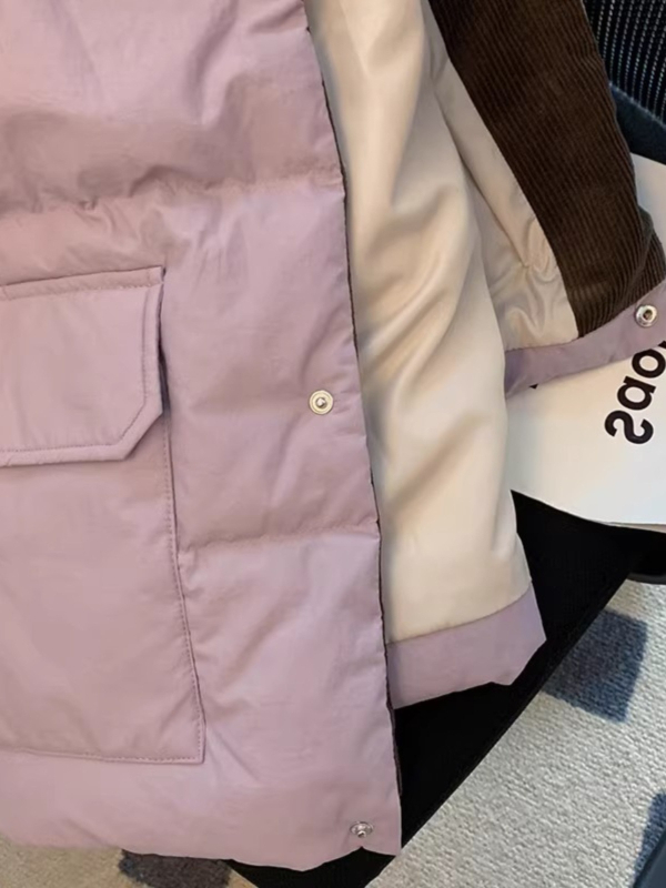 Ženska kratka puffer jakna od pamuka s corduroy patchworkom, inspirirano Chanel stilom, jesen-zima 2025