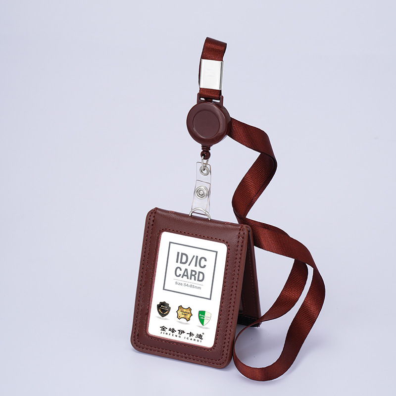 Дръжач за карти от естествена кожа с телескопичен шнур за служебна карта