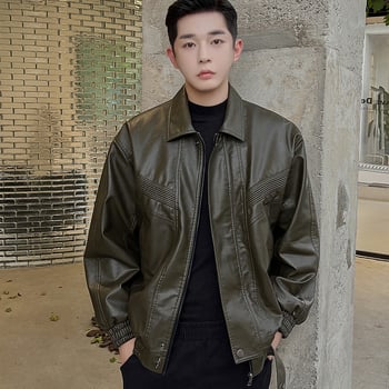 Férfi bőrdzseki, koreai stílus, PU bőr, plüss bélés, téli viselet, középhosszú, cipzár elöl