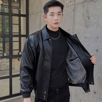 Férfi bőrdzseki, koreai stílus, PU bőr, plüss bélés, téli viselet, középhosszú, cipzár elöl