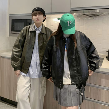 Férfi bőrdzseki, koreai stílus, PU bőr, plüss bélés, téli viselet, középhosszú, cipzár elöl