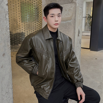 Férfi bőrdzseki, koreai stílus, PU bőr, plüss bélés, téli viselet, középhosszú, cipzár elöl