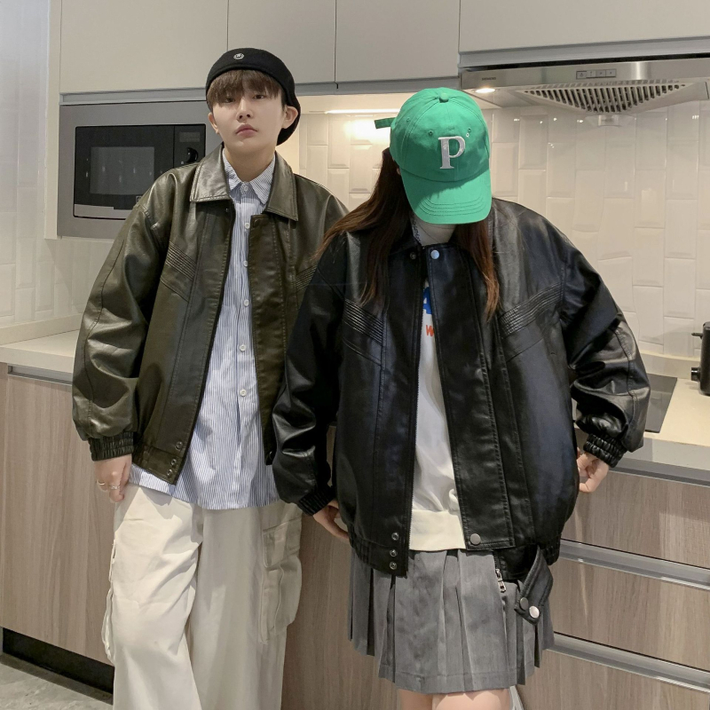 Férfi bőrdzseki, koreai stílus, PU bőr, plüss bélés, téli viselet, középhosszú, cipzár elöl