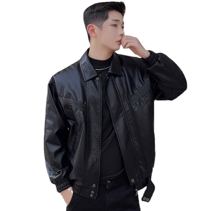 Férfi bőrdzseki, koreai stílus, PU bőr, plüss bélés, téli viselet, középhosszú, cipzár elöl