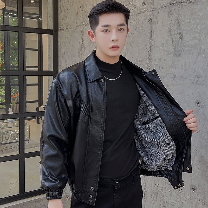 Férfi bőrdzseki, koreai stílus, PU bőr, plüss bélés, téli viselet, középhosszú, cipzár elöl