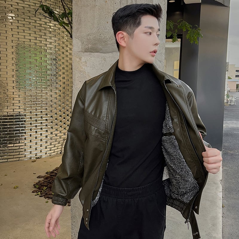 Férfi bőrdzseki, koreai stílus, PU bőr, plüss bélés, téli viselet, középhosszú, cipzár elöl