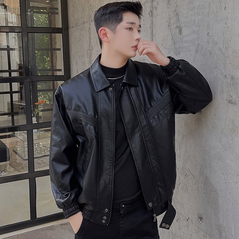 Férfi bőrdzseki, koreai stílus, PU bőr, plüss bélés, téli viselet, középhosszú, cipzár elöl