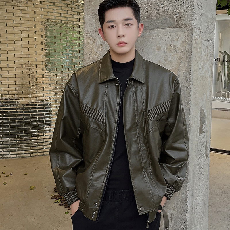 Férfi bőrdzseki, koreai stílus, PU bőr, plüss bélés, téli viselet, középhosszú, cipzár elöl