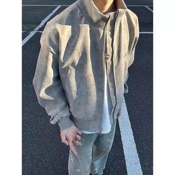 PU bőrből készült bomber dzseki tie-dye mintázattal, kapucnival, álló gallérral, cipzáras záródással, poliészter bélés