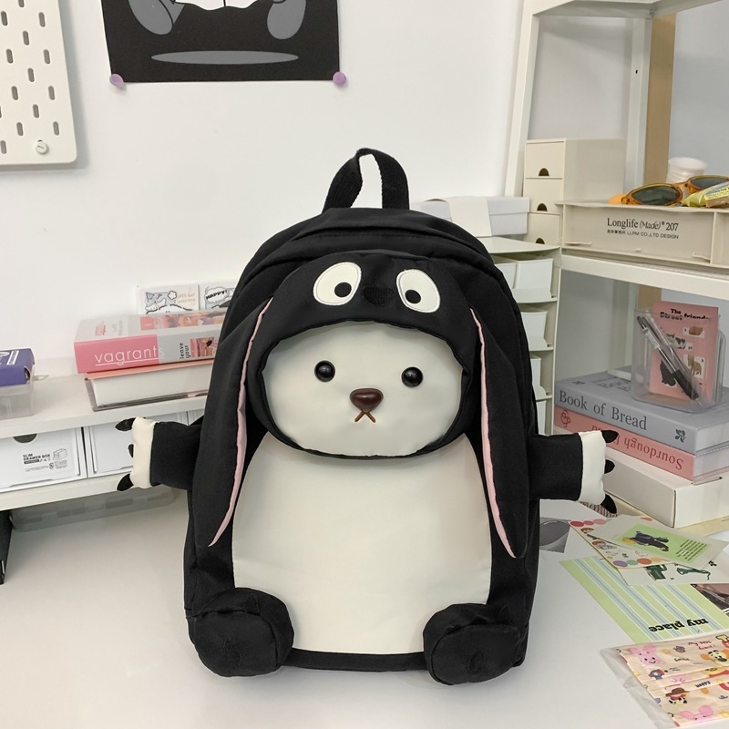 Ruksak u japanskom stilu s medvjedom velikih ušiju, najlon, zatvaranje na zip, unutarnja džep za telefon, gradski minimalistički dizajn