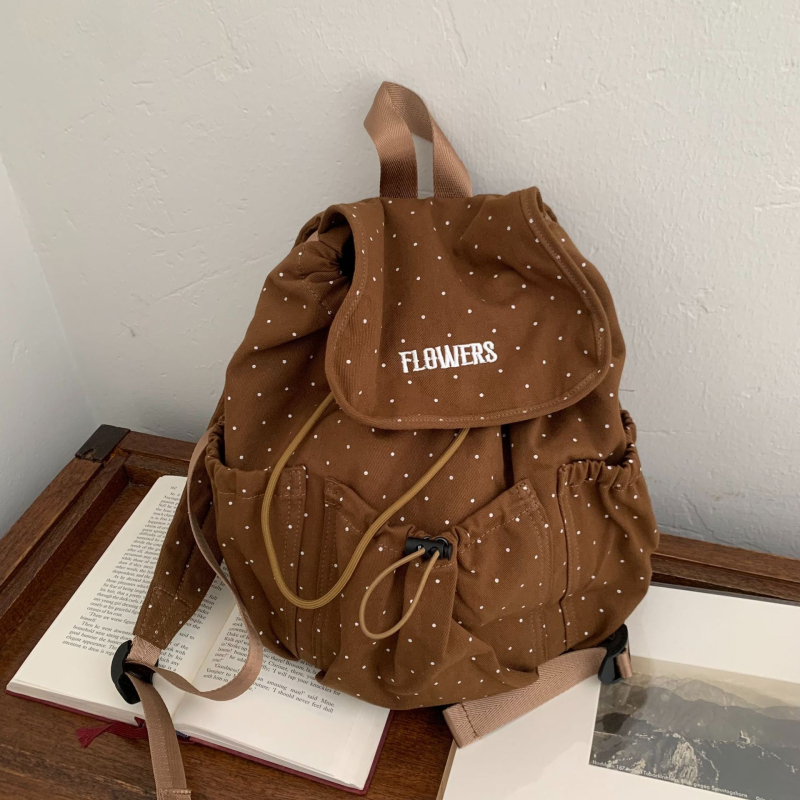 Unisex ruksak u korejskom stilu s točkastim uzorkom, lagana pamučna tkanina, džep za telefon, zatvaranje kapicom, podstava od poliestera