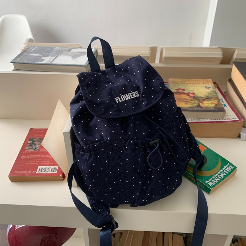 Unisex ruksak u korejskom stilu s točkastim uzorkom, lagana pamučna tkanina, džep za telefon, zatvaranje kapicom, podstava od poliestera