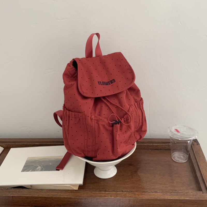 Unisex ruksak u korejskom stilu s točkastim uzorkom, lagana pamučna tkanina, džep za telefon, zatvaranje kapicom, podstava od poliestera