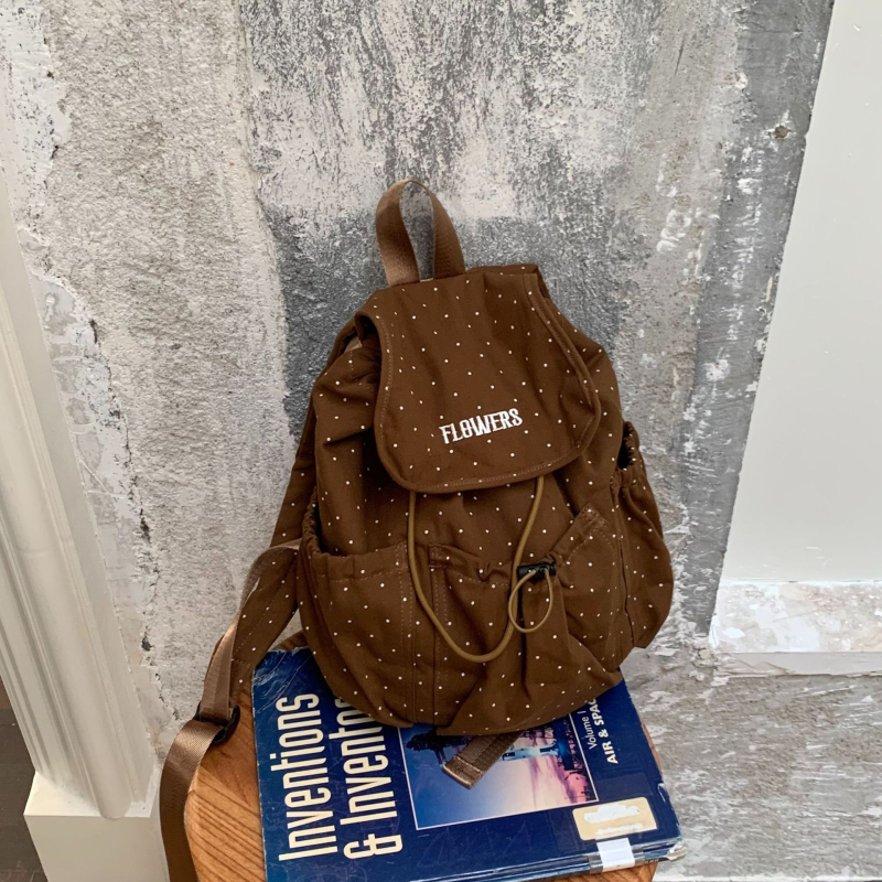 Unisex ruksak u korejskom stilu s točkastim uzorkom, lagana pamučna tkanina, džep za telefon, zatvaranje kapicom, podstava od poliestera