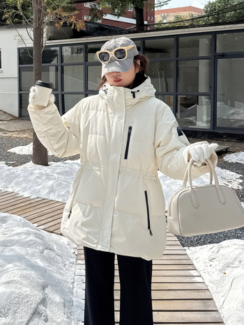 Geacă de puf cu glugă, în stil coreean, umplutură din puf de rață, conținut de puf 90%+, guler înalt