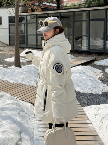 Geacă de puf cu glugă, în stil coreean, umplutură din puf de rață, conținut de puf 90%+, guler înalt