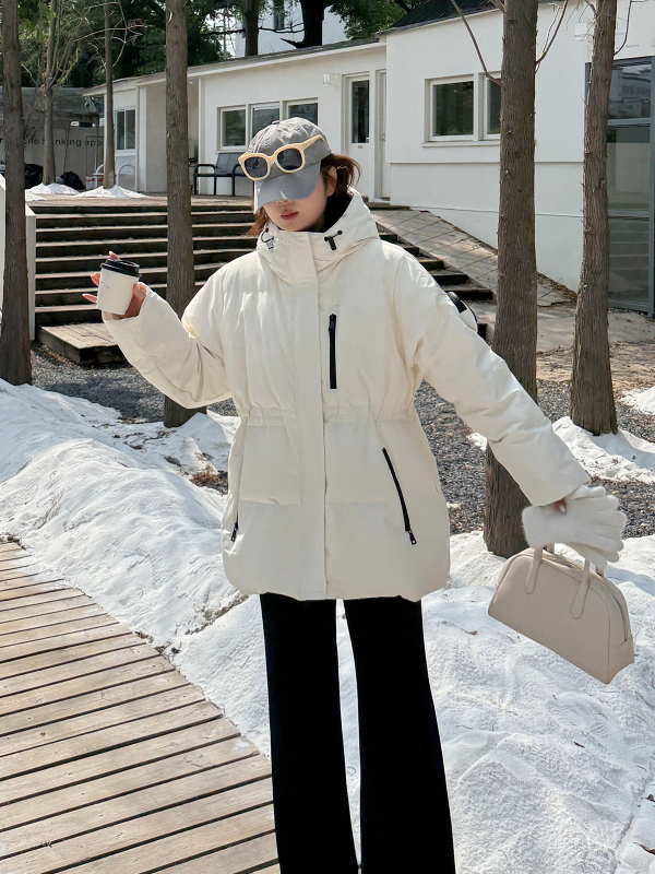 Geacă de puf cu glugă, în stil coreean, umplutură din puf de rață, conținut de puf 90%+, guler înalt