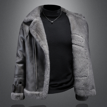 Muška jakna s kapuljačom i reverom, dugi rukavi, džepovi sa zatvaračem (zajčje krzno, prilagodljiv kroj, normalna duljina)