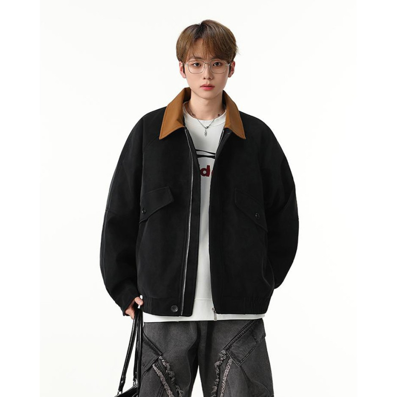 Muška PU kožna jakna - s kapuljom, ovratnik s reverom, zip, srednja duljina