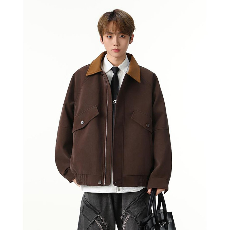 Muška PU kožna jakna - s kapuljom, ovratnik s reverom, zip, srednja duljina