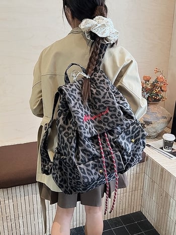 Ženski platneni ruksak s leopard uzorom, ulični stil, zatvaranje vezalkom, velika kapaciteta, poliester podstava, unutarnja džep sa zipom