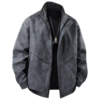 Muška PU kožna jakna – stojeći ovratnik, jednoravno kopčanje, širok kroj, patch džepovi