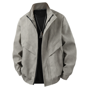 Muška PU kožna jakna – stojeći ovratnik, jednoravno kopčanje, širok kroj, patch džepovi