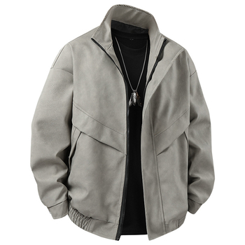 Muška PU kožna jakna – stojeći ovratnik, jednoravno kopčanje, širok kroj, patch džepovi