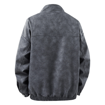 Muška PU kožna jakna – stojeći ovratnik, jednoravno kopčanje, širok kroj, patch džepovi